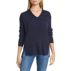 Nordstrom Signature V Neck Navy Blue Tweed Cashmere Sweater