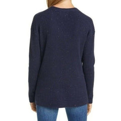 Nordstrom Signature V Neck Navy Blue Tweed Cashmere Sweater