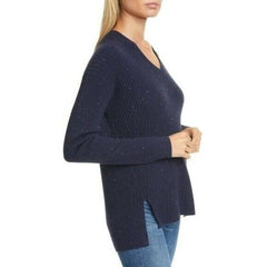 Nordstrom Signature V Neck Navy Blue Tweed Cashmere Sweater