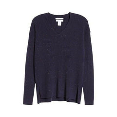 Nordstrom Signature V Neck Navy Blue Tweed Cashmere Sweater