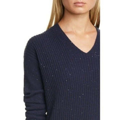 Nordstrom Signature V Neck Navy Blue Tweed Cashmere Sweater