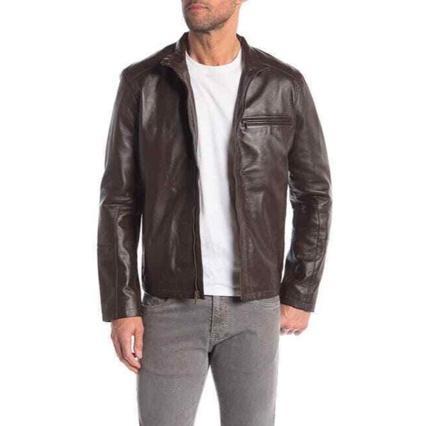 Cole Haan Brown Java Smooth Leather Moto Jacket Mens