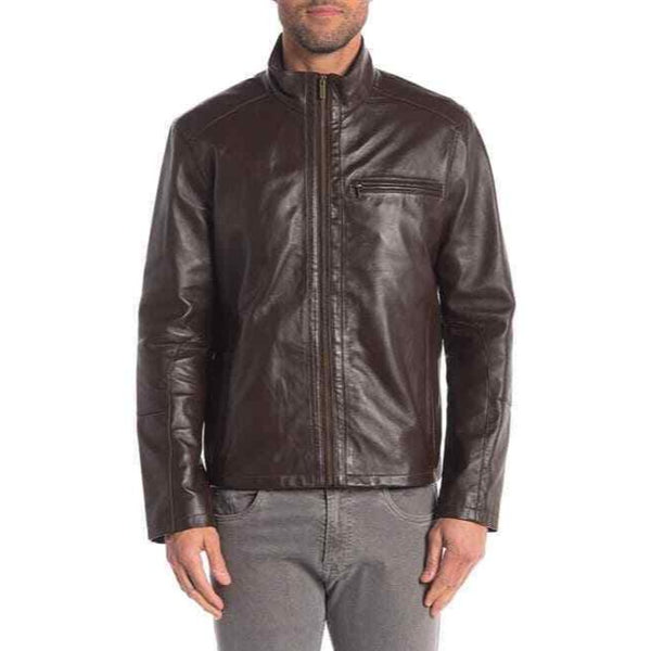Cole Haan Brown Java Smooth Leather Moto Jacket Mens
