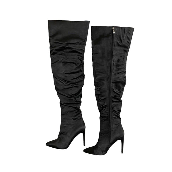 Cape Robbin Black Satin Stiletto Heels Over the Knee Boots