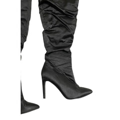Cape Robbin Black Satin Stiletto Heels Over the Knee Boots