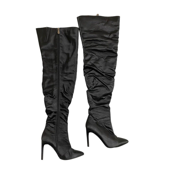 Cape Robbin Black Satin Stiletto Heels Over the Knee Boots