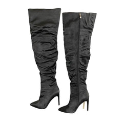 Cape Robbin Black Satin Stiletto Heels Over the Knee Boots