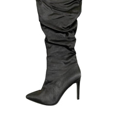 Cape Robbin Black Satin Stiletto Heels Over the Knee Boots
