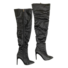 Cape Robbin Black Satin Stiletto Heels Over the Knee Boots