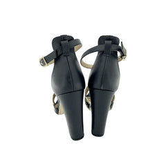 Werner Block Heel Ankle Strap Black and Gold Sandals