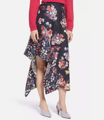 Lewit 100% Silk Floral Print Asymmetrical Hem Midi Skirt