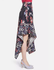 Lewit 100% Silk Floral Print Asymmetrical Hem Midi Skirt