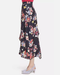 Lewit 100% Silk Floral Print Asymmetrical Hem Midi Skirt