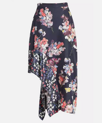 Lewit 100% Silk Floral Print Asymmetrical Hem Midi Skirt