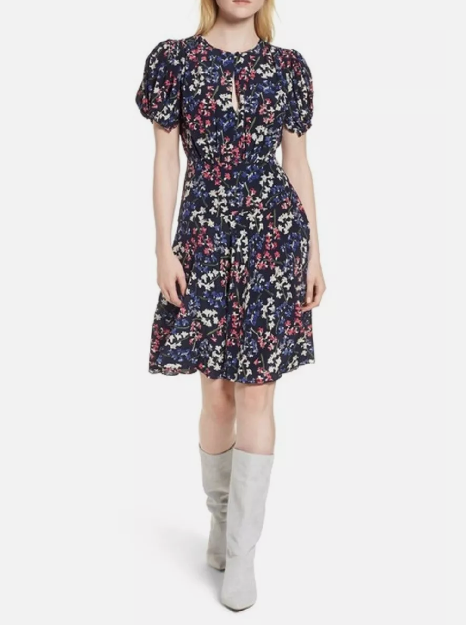Lewit 100% Silk Floral Print Puff Sleeve Flounce Dress