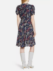 Lewit 100% Silk Floral Print Puff Sleeve Flounce Dress