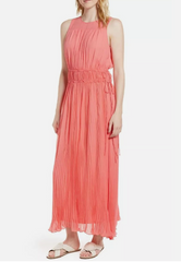 Lewit 100% Silk Crinkle Pleated Grecian Maxi Dress in Coral