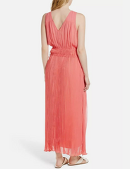 Lewit 100% Silk Crinkle Pleated Grecian Maxi Dress in Coral