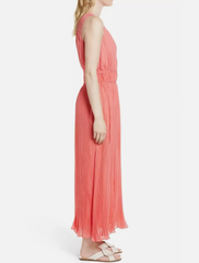 Lewit 100% Silk Crinkle Pleated Grecian Maxi Dress in Coral