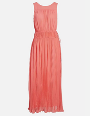Lewit 100% Silk Crinkle Pleated Grecian Maxi Dress in Coral