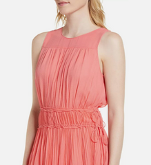 Lewit 100% Silk Crinkle Pleated Grecian Maxi Dress in Coral
