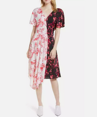 Lewit Silk Blend Floral Print Stretch Double Contrast Midi Dress