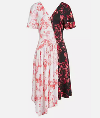 Lewit Silk Blend Floral Print Stretch Double Contrast Midi Dress