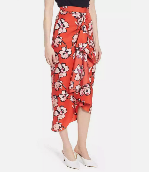 Lewit 100% Silk Red Floral Print Faux Wrap Skirt