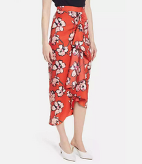 Lewit 100% Silk Red Floral Print Faux Wrap Skirt