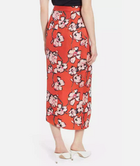 Lewit 100% Silk Red Floral Print Faux Wrap Skirt
