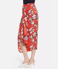 Lewit 100% Silk Red Floral Print Faux Wrap Skirt