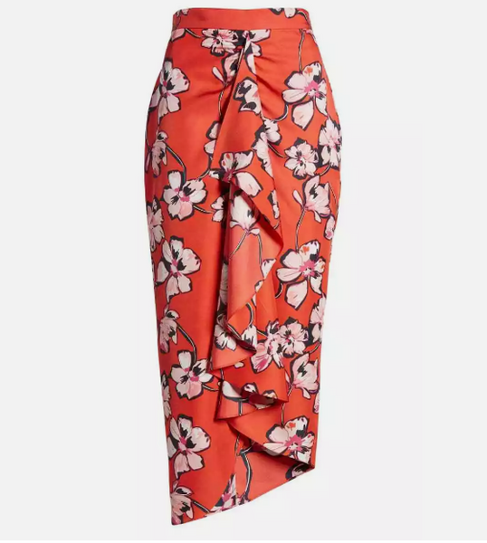 Lewit 100% Silk Red Floral Print Faux Wrap Skirt