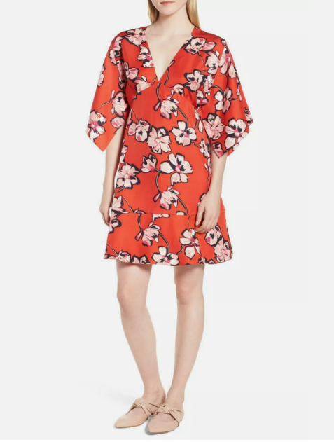Lewit 100% Silk Red Floral Print Kimono Style Dress