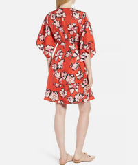 Lewit 100% Silk Red Floral Print Kimono Style Dress