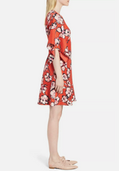 Lewit 100% Silk Red Floral Print Kimono Style Dress