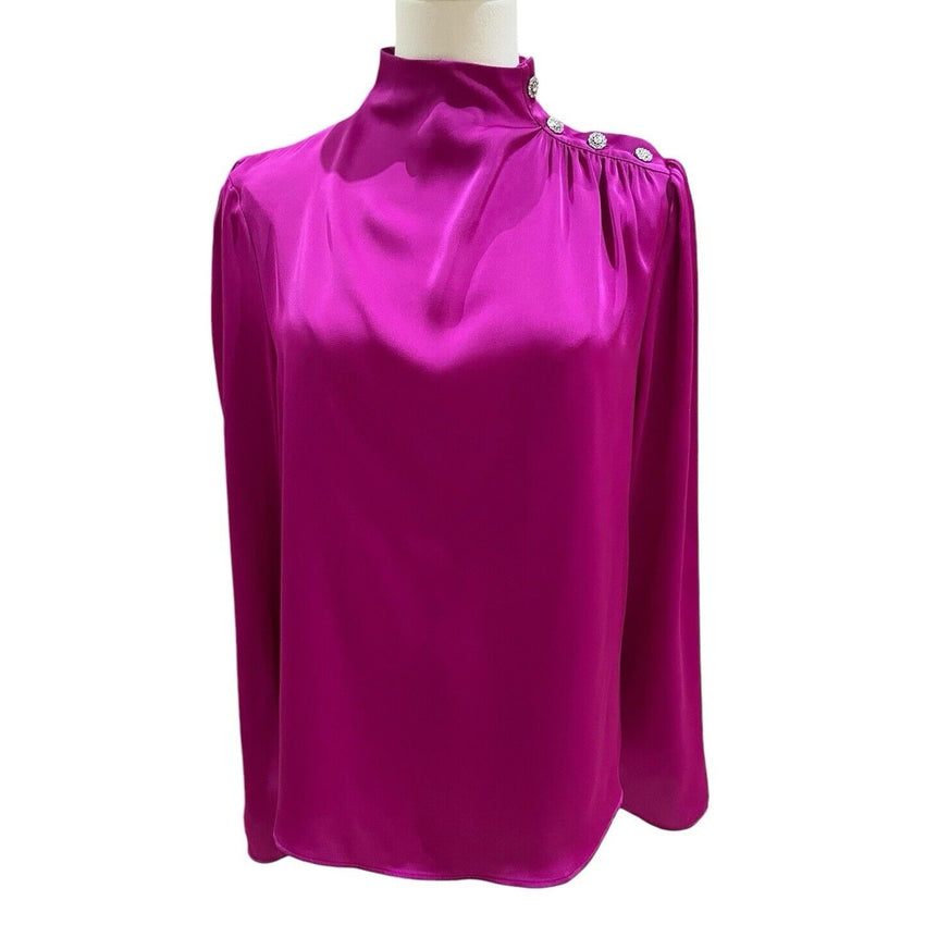 Joie Hot Pink Satin High Neck Rhinestone Buttons Top