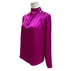 Joie Hot Pink Satin High Neck Rhinestone Buttons Top