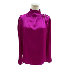 Joie Hot Pink Satin High Neck Rhinestone Buttons Top