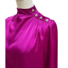 Joie Hot Pink Satin High Neck Rhinestone Buttons Top