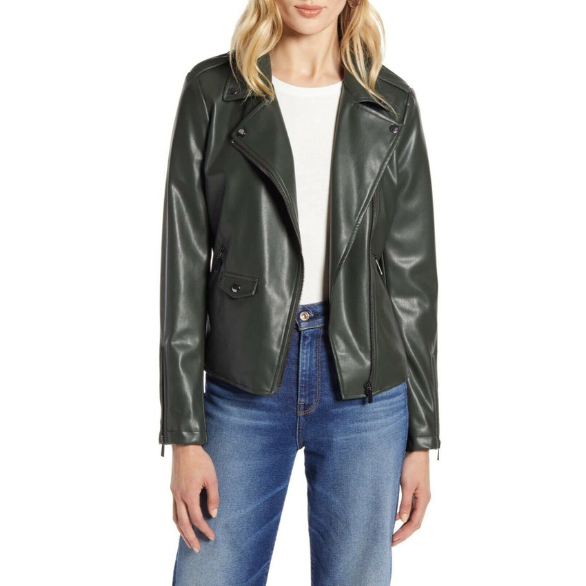 Halogen Dark Green Faux Leather Motorcycle Jacket