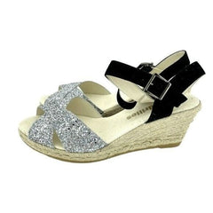 Espadrilles Silver Glitter Black Suede Wedge Sandals