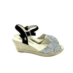 Espadrilles Silver Glitter Black Suede Wedge Sandals