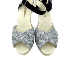 Espadrilles Silver Glitter Black Suede Wedge Sandals