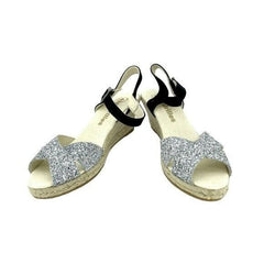 Espadrilles Silver Glitter Black Suede Wedge Sandals
