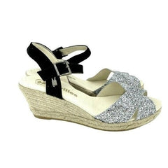 Espadrilles Silver Glitter Black Suede Wedge Sandals