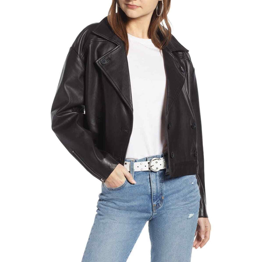 Something Navy Shrunken Leather Crop Jacket Double Breasted Jacket