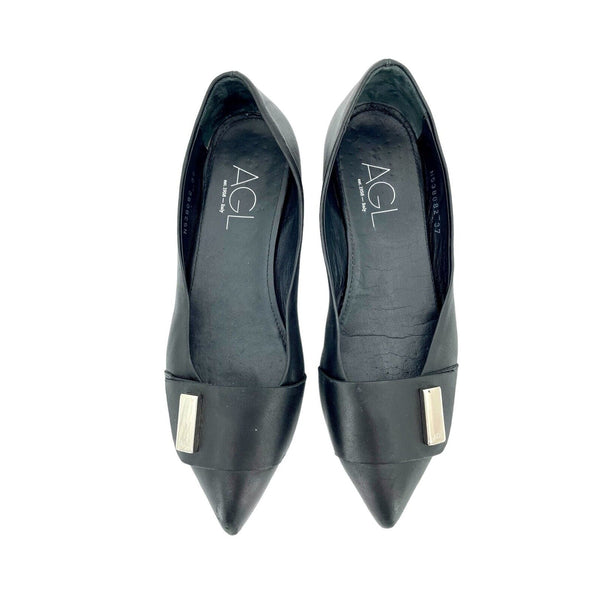 AGL Attilio Giusti Leombruni Black Leather Pointed Toe Flats - PRE-OWNED