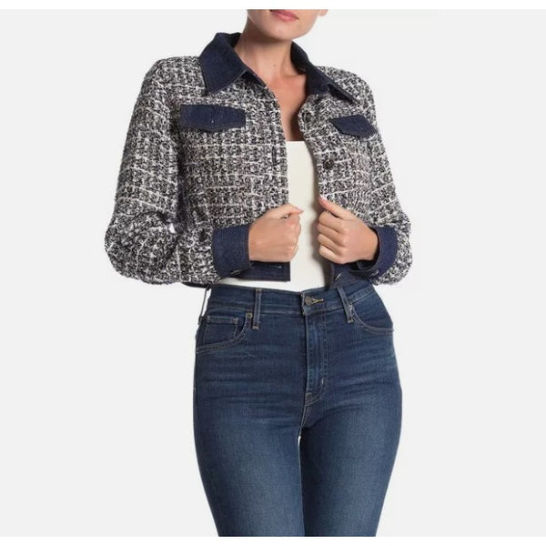 Gracia Tweed Denim Blue Silver Glitter Contrast Crop Jacket