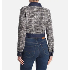 Gracia Tweed Denim Blue Silver Glitter Contrast Crop Jacket