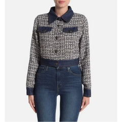 Gracia Tweed Denim Blue Silver Glitter Contrast Crop Jacket